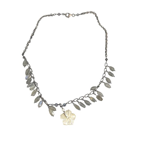 Vintage Labradorite & Mother of Pearl Flower Pendant Necklace 16" Sterling Silve - Picture 2 of 9
